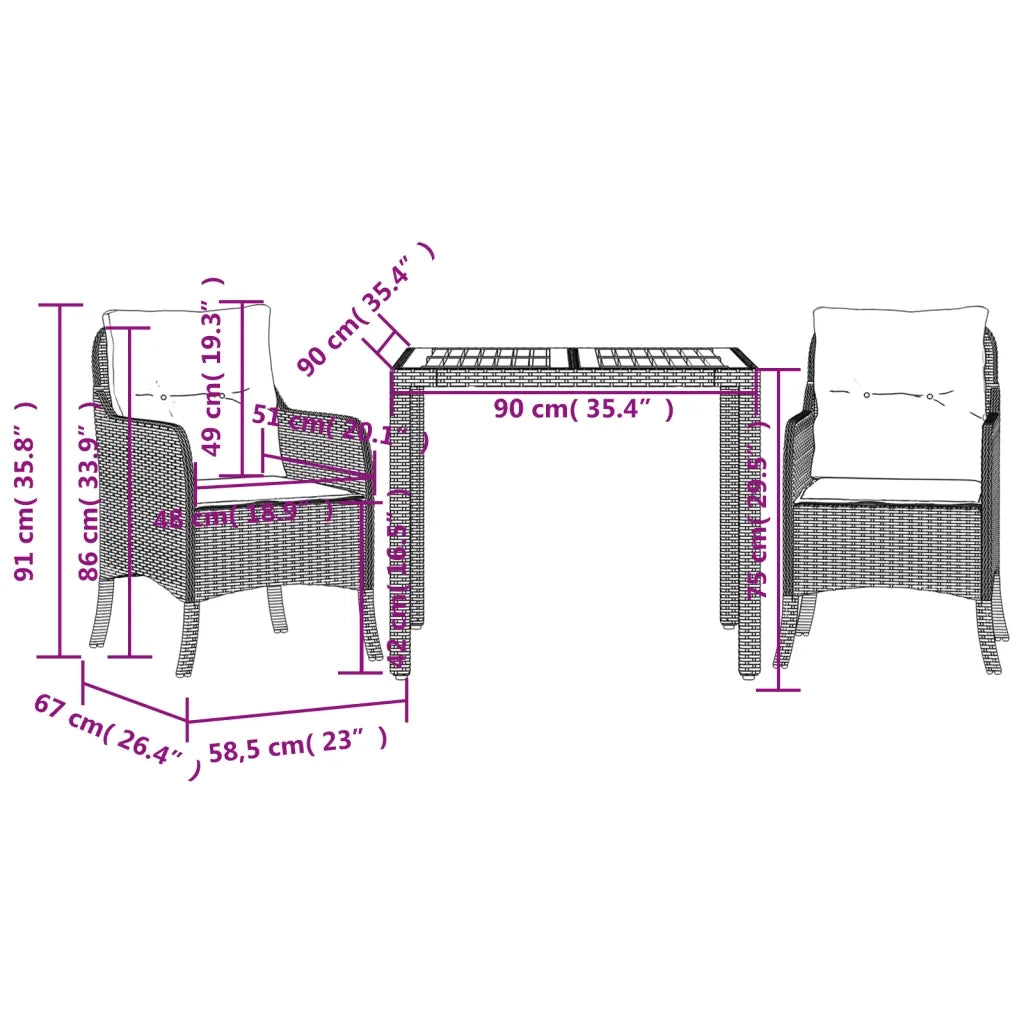 Set da Pranzo da Giardino 3 pz con Cuscini Nero in Polyrattan