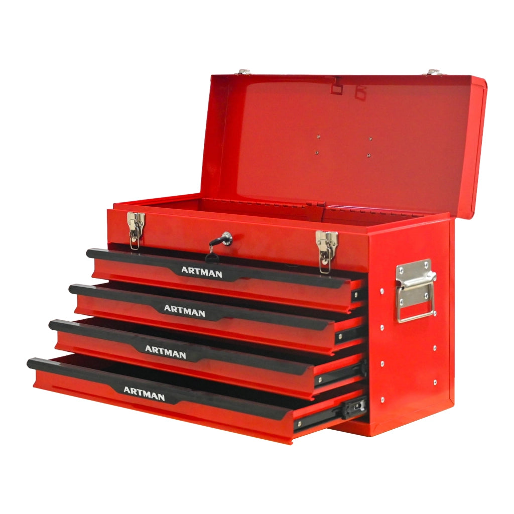 Cassettiera in acciaio con 3 cassetti e vano superiore; serratura; per officina e garage; rosso e nero; 60×29.5×42 cm