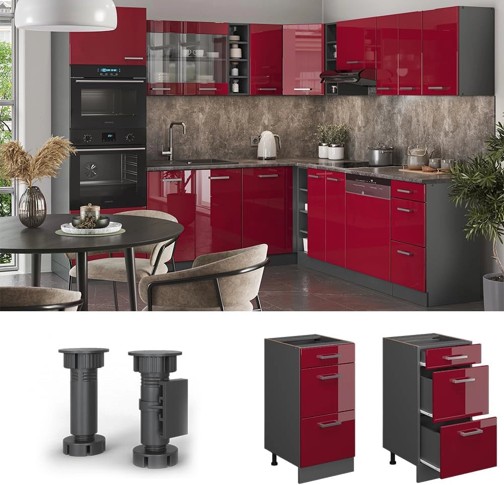 Mobiletto base per cucina R-Line, Rosso lucido, 40 cm con cassetti, senza piano di lavoro, per la libera combinazione all'interno di sistemi cucina modulari