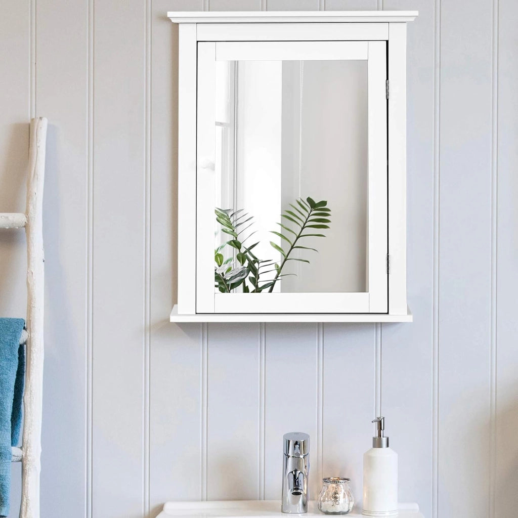 Armadietto a Specchio per Bagno, Mobiletto a Muro in MDF, con Ripiano Regolabile in Altezza, Pensile a Parete, 56 x 15 x 69 cm, 4 Colori (bianco)