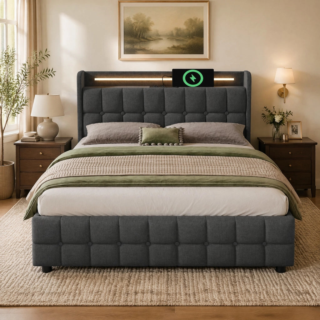 Letto matrimoniale 140x200 cm con testiera USB, LED e 4 cassetti, struttura in legno e ferro, grigio
