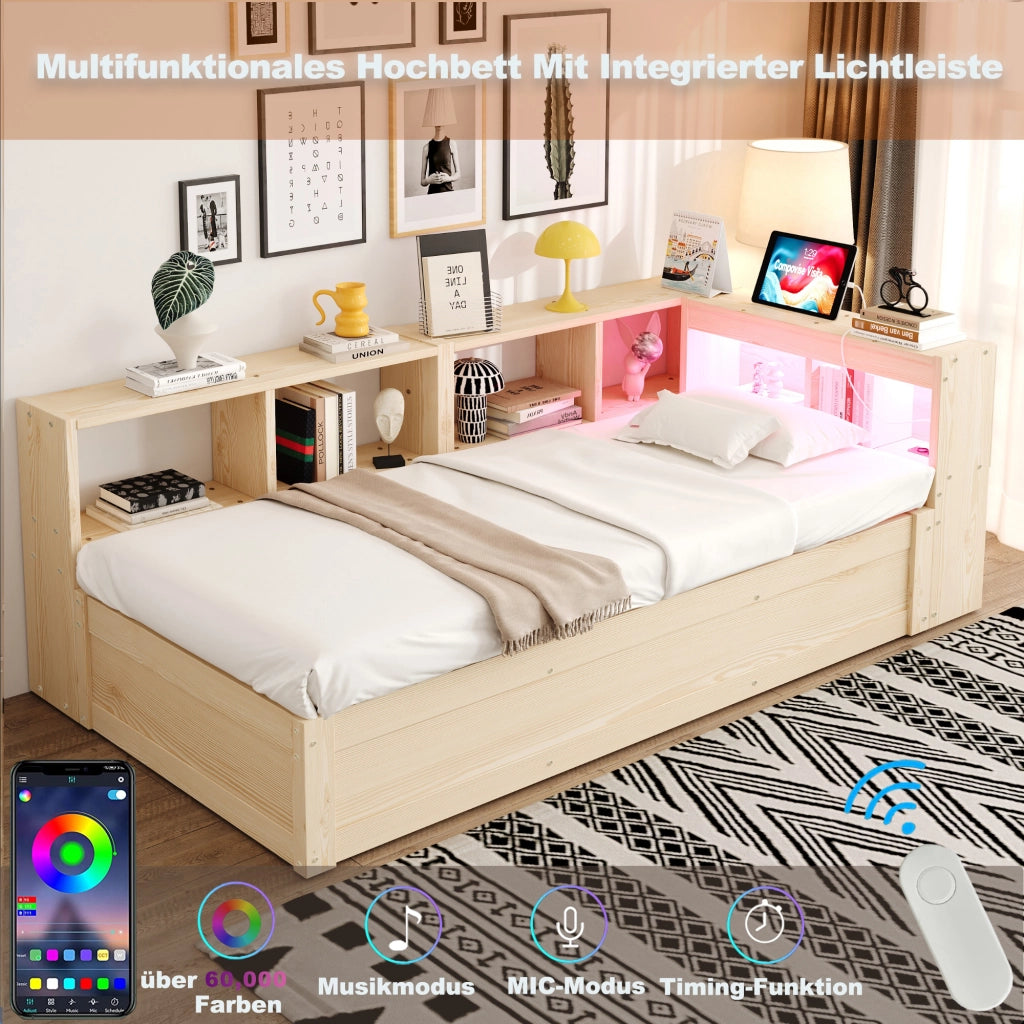 Letto singolo 90 × 200 cm con presa multifunzione, luce LED, vani contenitore e senza materasso, legno naturale