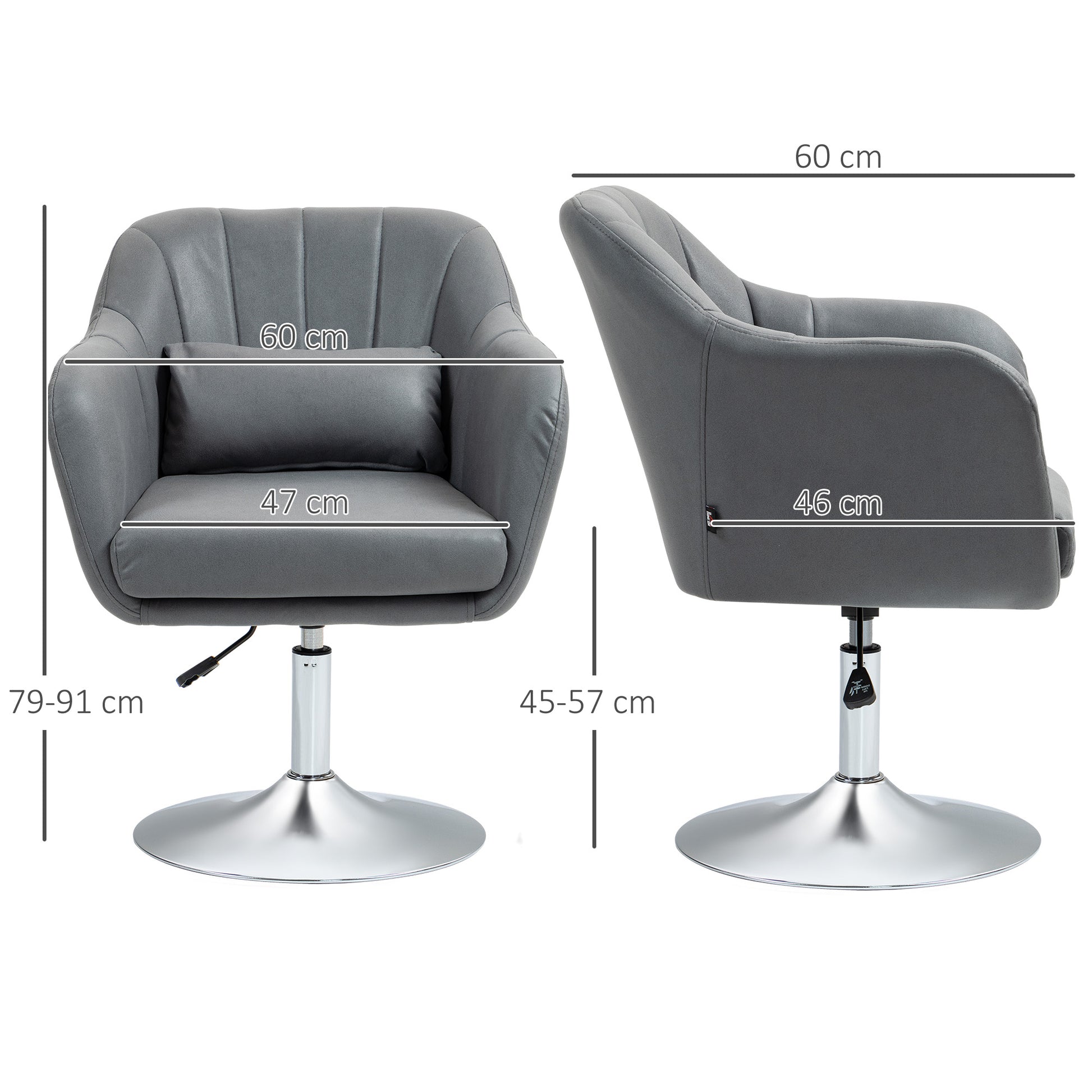 Poltrona Girevole con Cuscino Lombare 60x60x79-91 cm in Tessuto Tecnico Grigio