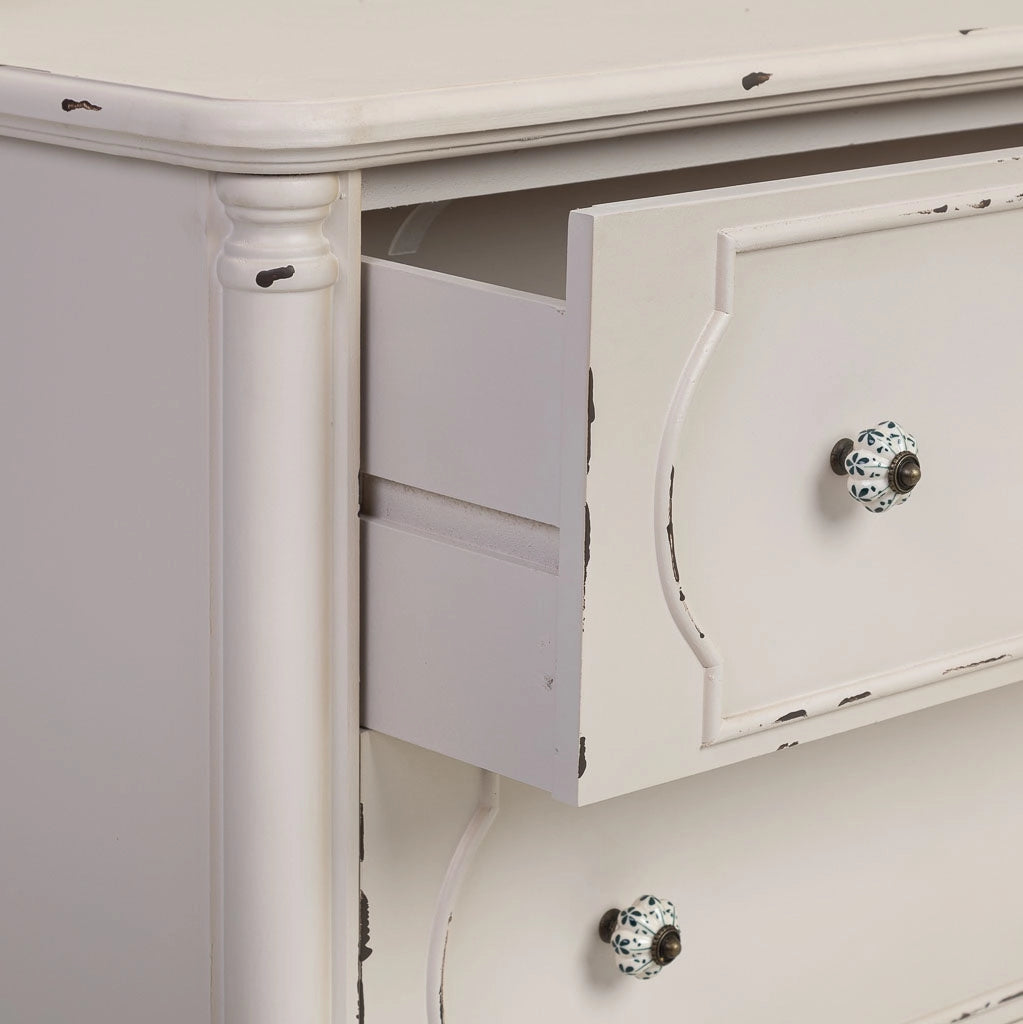 Comò in legno bianco invecchiato con 3 cassetti 100x38x86,5h cm