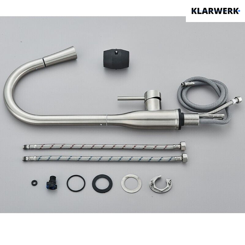 JANA | Rubinetto da cucina estensibile Premium in acciaio inox argento spazzolato | Rubinetto miscelatore ad alta pressione girevole a 360° 2 attacchi