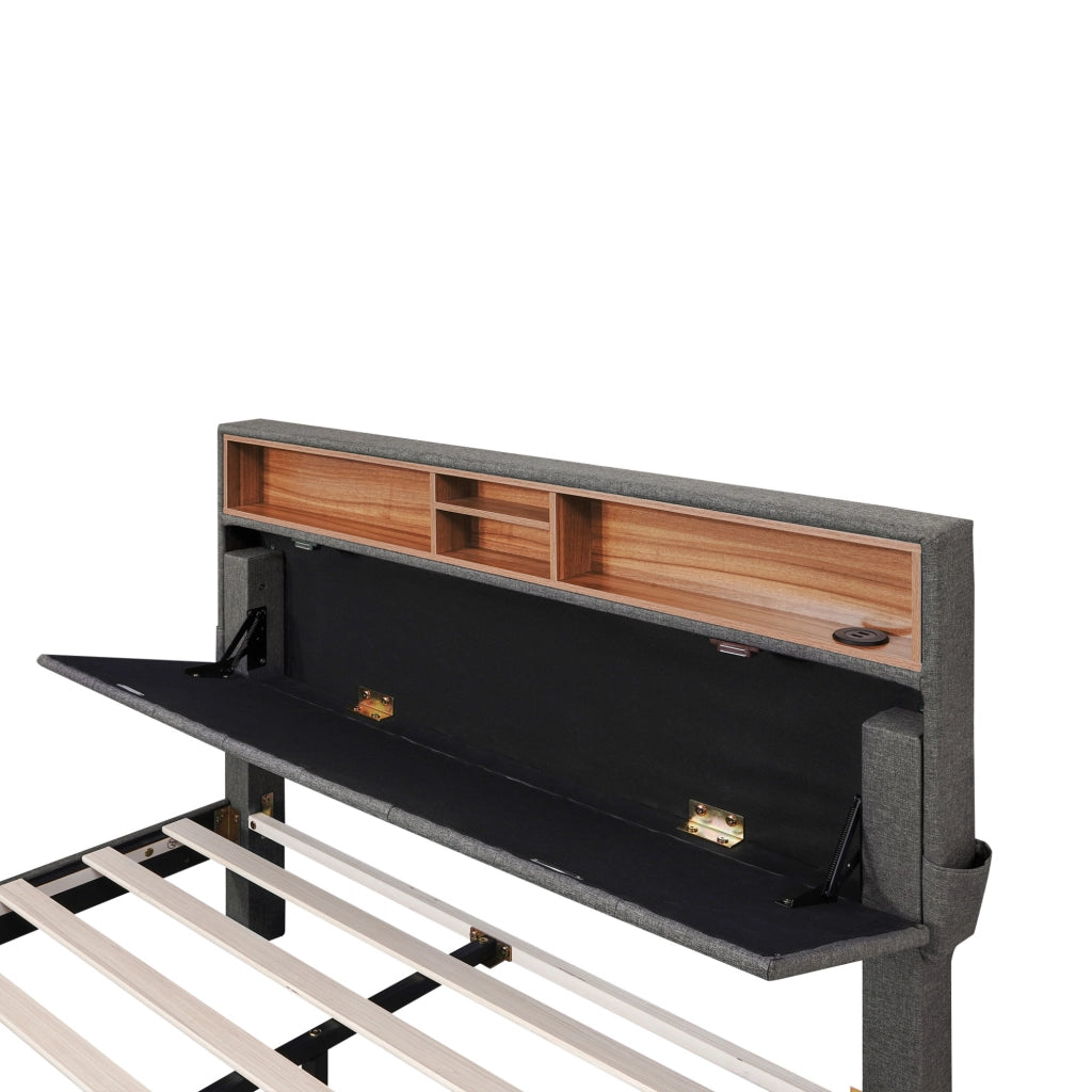 Letto matrimoniale con testiera regolabile; LED e USB; 2 cassetti; grigio 140x200 cm