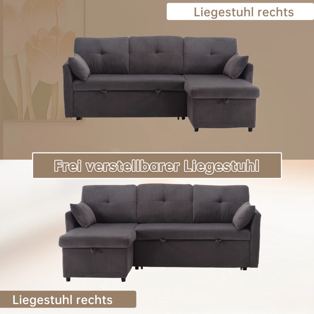 Divano letto angolare modulare con contenitore e chaise longue reversibile in velluto a coste grigio scuro