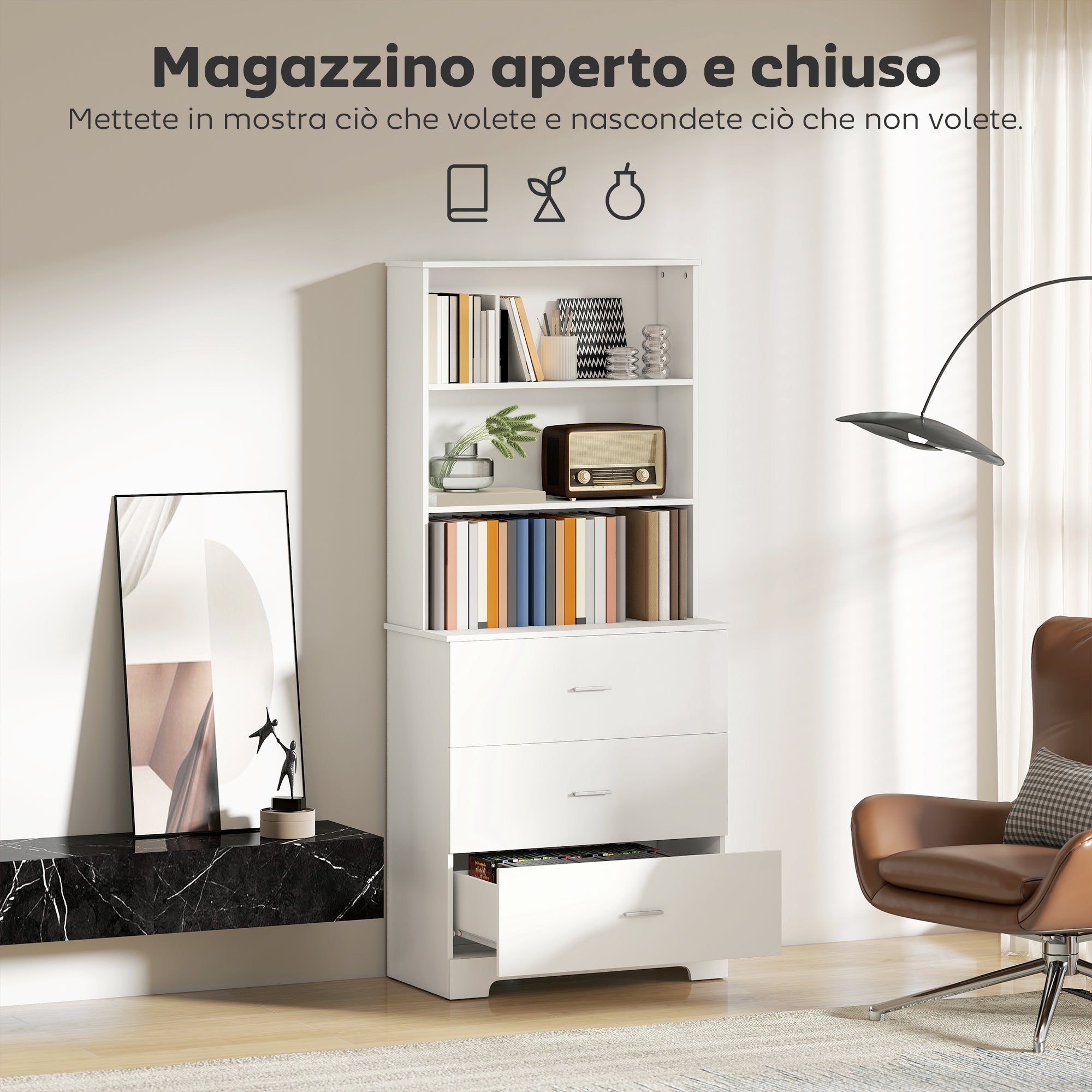 Libreria a Muro 79x39,5x182,2 cm con 3 Ripiani Aperti e 3 Cassetti in Legno Bianco