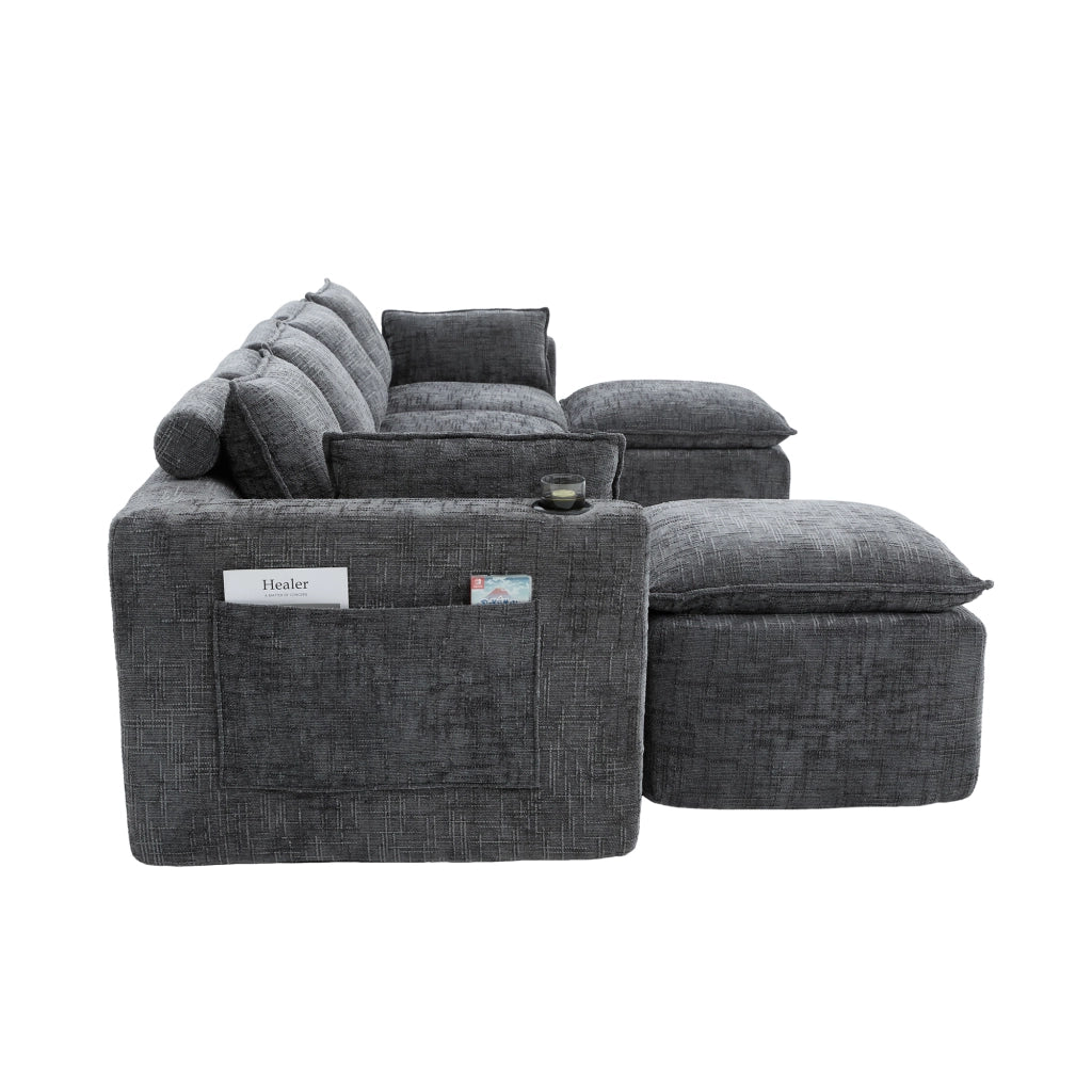 Divano modulare 4 posti con 2 pouf in ciniglia grigia; 322x161x75 cm