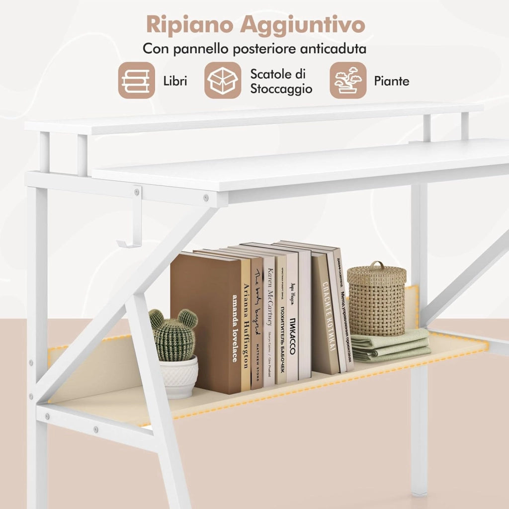 Scrivania Salvaspazio per Computer, Scrivania con Struttura Metallica, Supporto per Monitor, Gancio Pendente e Ripiano, Scrivania Versatile a Forma di R per Ufficio e Casa