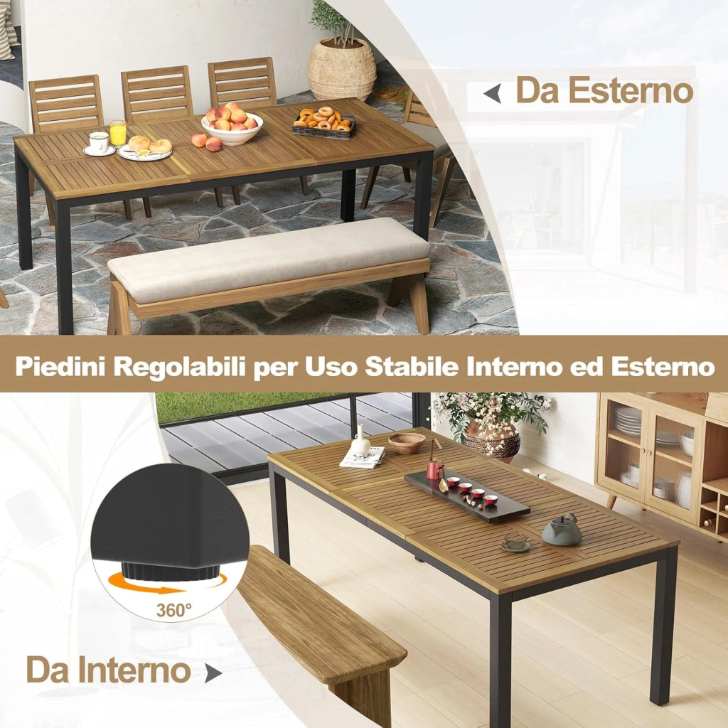 Tavolo da Pranzo a 8 Posti, Tavolo da Giardino 200 cm in Legno di Acacia, con Foro per Ombrellone da 5 cm, Gambe in Metallo, per Giardino, Cortile, Portata 75 kg (Modello 1)