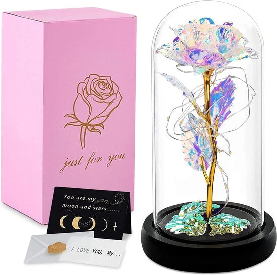 Fiore Eterno in Vetro - Regalo Romantico - Inclusa Luce LED e Carta dei Desideri - 1 pezzo - Rosso