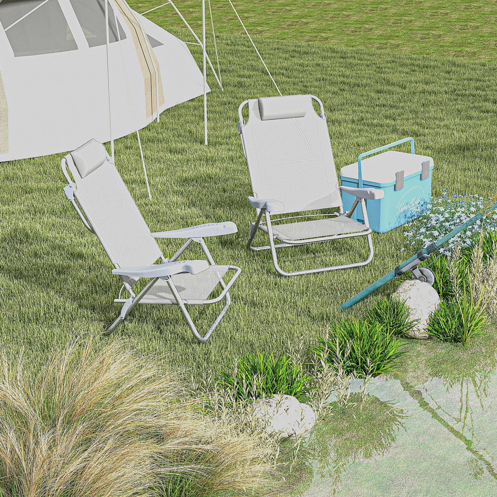 Set 2 Sedie da Campeggio Pieghevoli e Reclinabili su 6 Livelli, in Alluminio e Schiuma, 62x65x80 cm, Grigio Chiaro