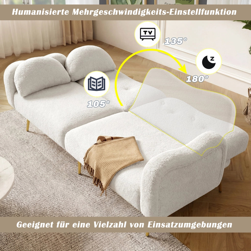 OKWISH Divano Letto 2 Posti, Schienali Regolabili in 3 Posizioni con 2 Cuscini, Tessuto Effetto Lana e Schiuma, Bianco