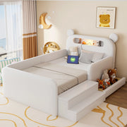 Letto imbottito per bambini con testiera a orso e USB, 90x200 cm, bianco