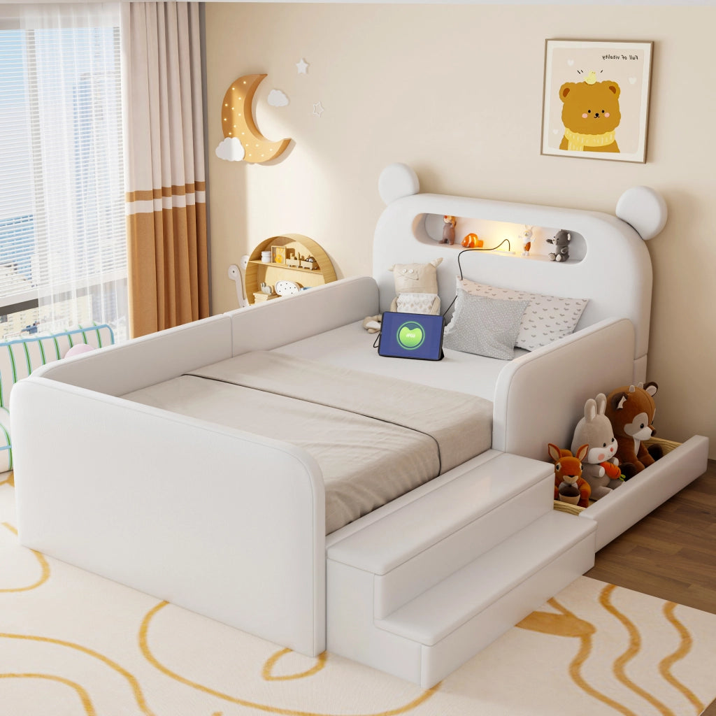 Letto imbottito per bambini con testiera a orso e USB, 90x200 cm, bianco