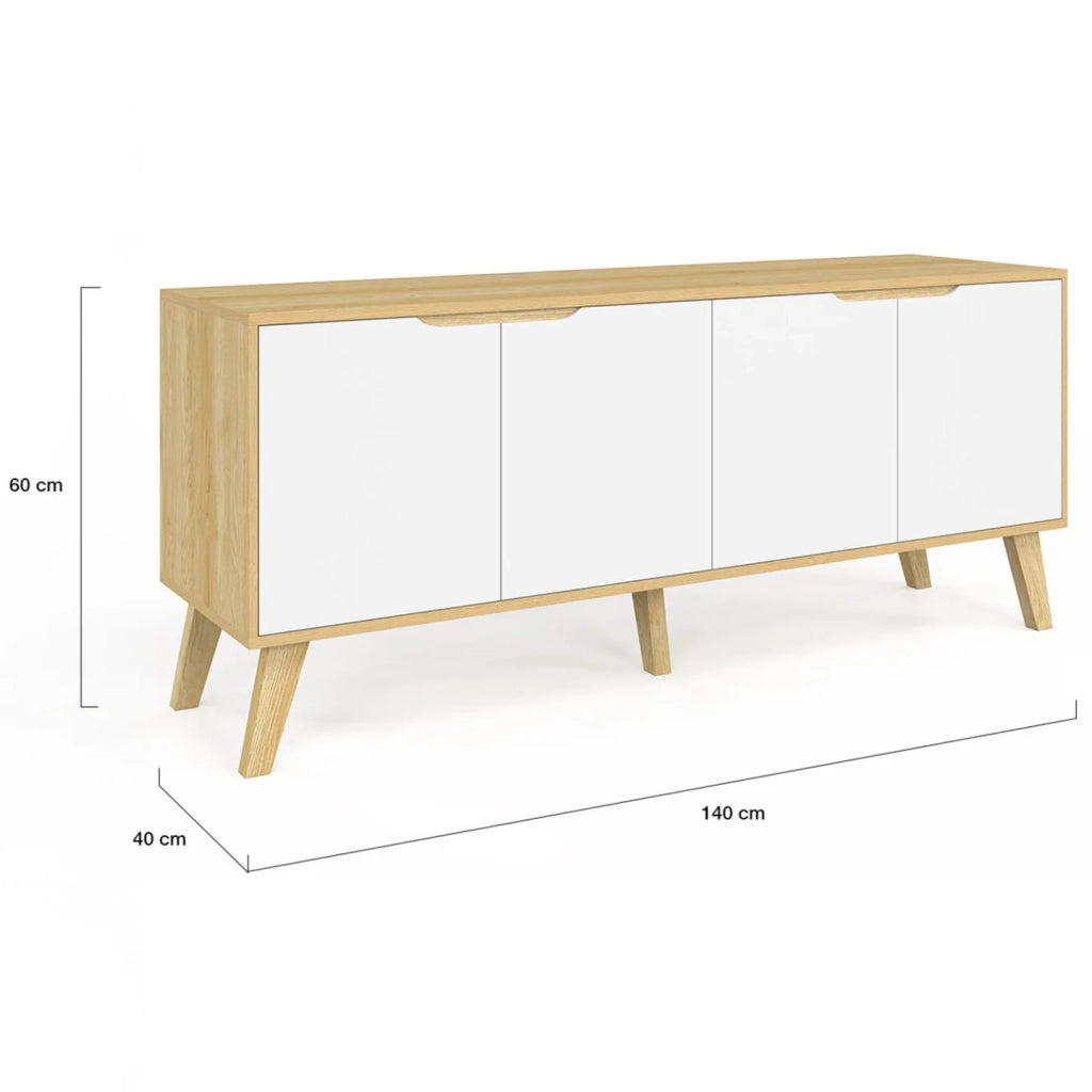 IDMarket - Credenza bassa scandinava 140 cm FINN in legno effetto faggio 4 ante bianche