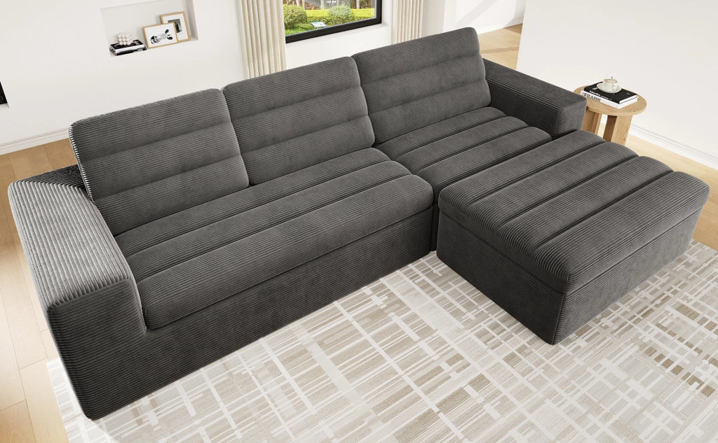 Divano angolare modulare in velluto a coste con seduta morbida e cuscini, grigio scuro, 253 × 161 × 89 cm