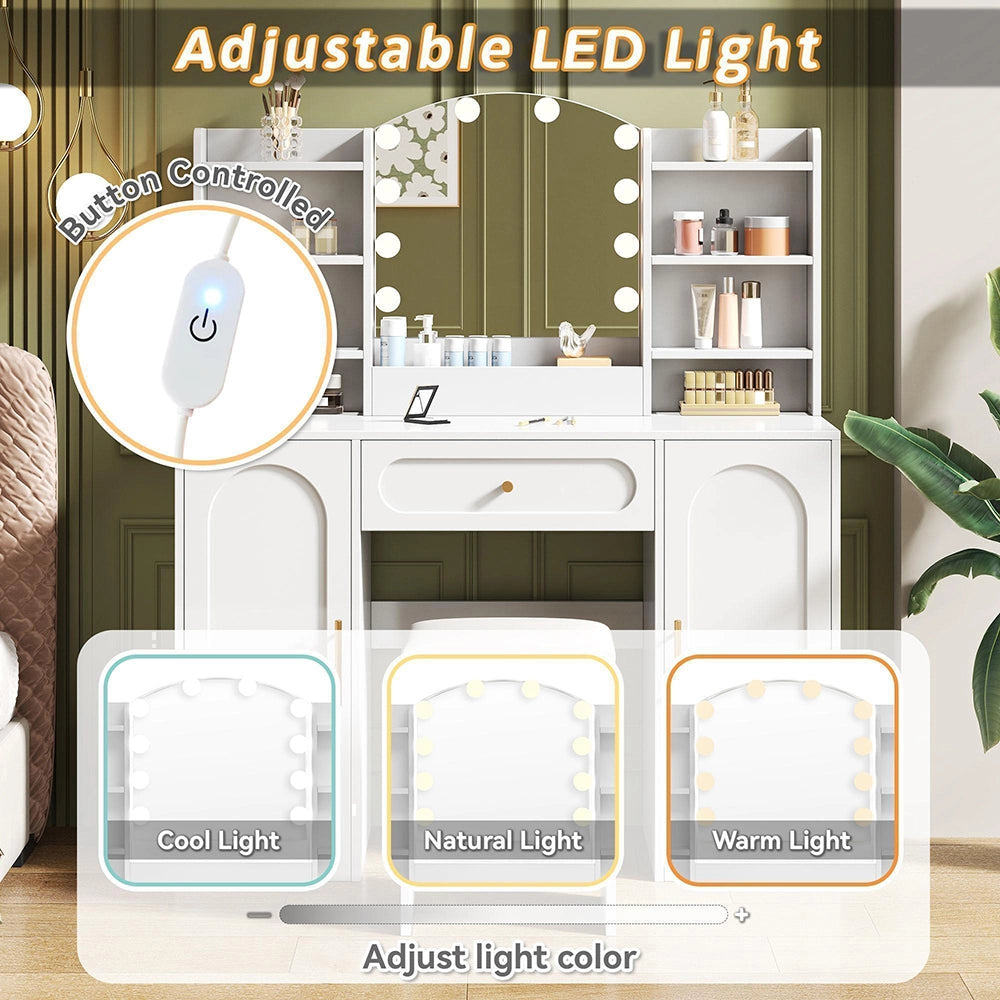 Toilette grande con illuminazione LED regolabile, specchio e sgabello - Xylo - 110x40x132 cm, bianco, 1 cassetto e 2 ante