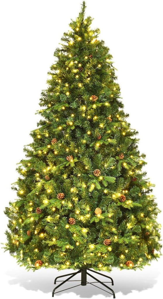 Albero di Natale Artificiale con Luci LED, Albero di Natale con Pigne e Base in Metallo, Christmas Tree Pieghevole Decorativo per Casa, Festa, Negozi, Ufficio (S)