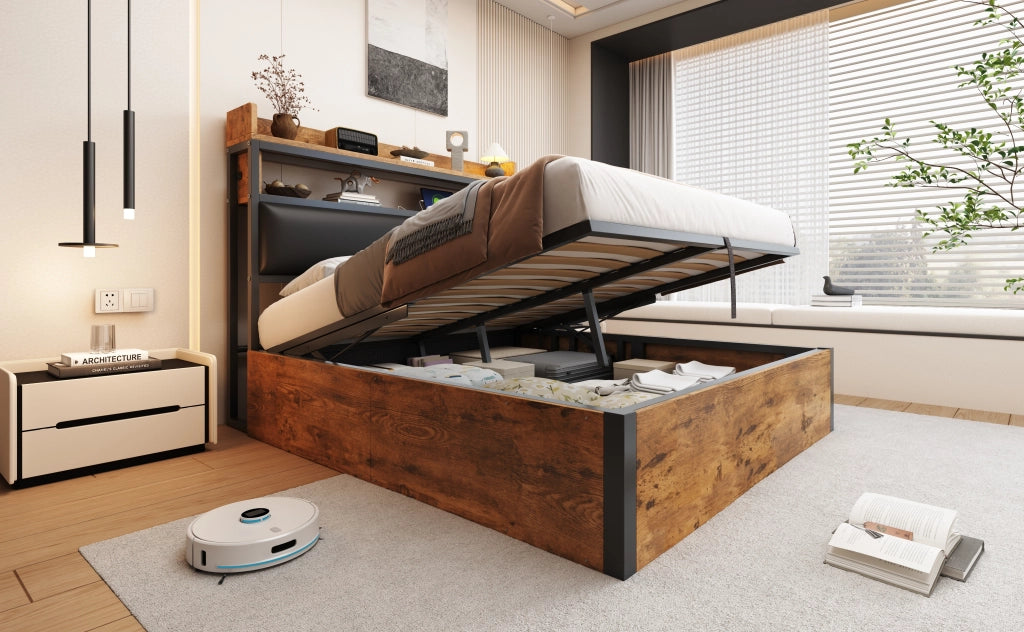 DESMIU Letto contenitore 140 × 200 cm 2 posti con USB, testiera con ripiano, senza materasso, nero