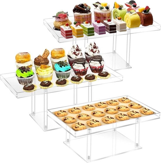 Set di supporti per dessert in acrilato trasparente da 3 standard per cupcake, buffet e torta per feste - tavola per dessert dolci golosità biscotti