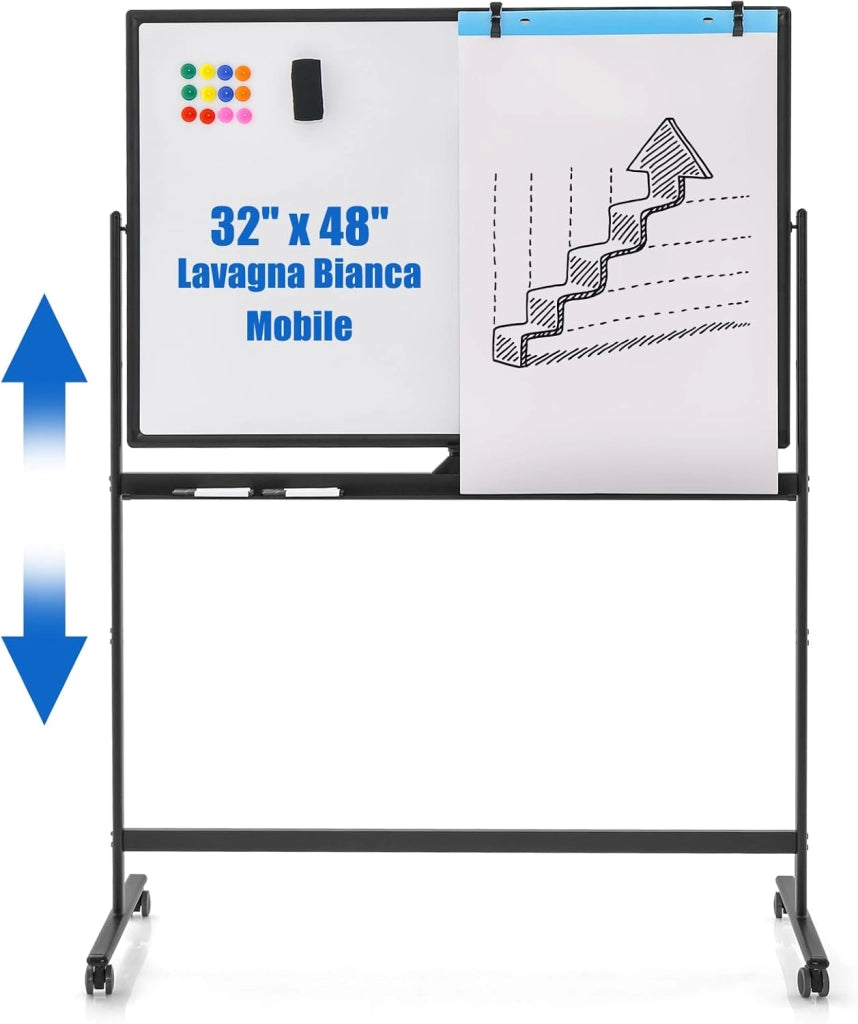 Lavagna Bianca Mobile 120 x 80 cm, Lavagna a Doppia Faccia Magnetica Cancellabile a Secco con Cavalletto e Ruote, Altezza Regolabile 2 Livelli, Accessori Completi (Nero)
