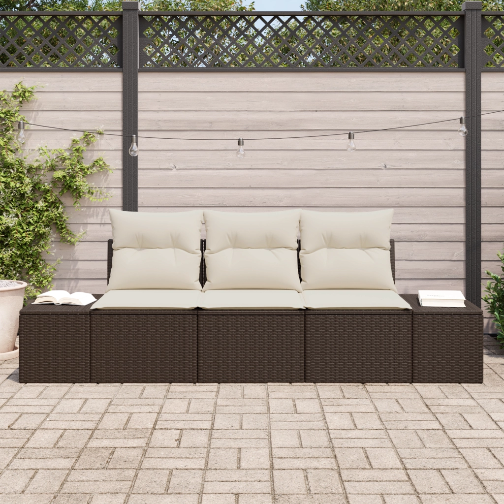 Set di Divani da Giardino in 3 Pezzi con Cuscini Brown Poly Rattan