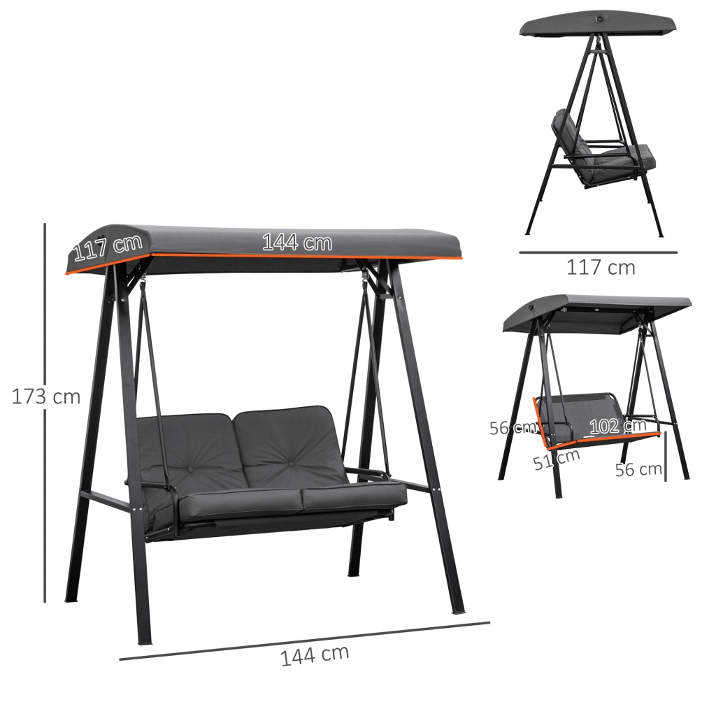Dondolo 2 Posti con Tettuccio Regolabile e Cuscini, in Acciaio e Poliestere, 144x117x173 cm, Grigio