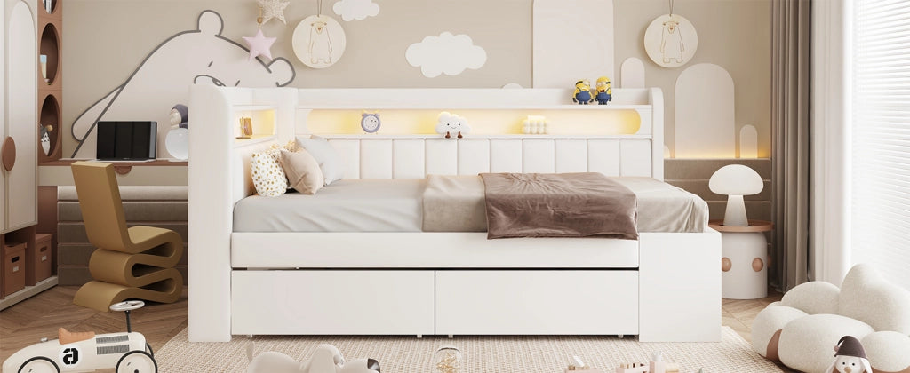 Letto singolo imbottito 90 ¡Á 200 cm con USB LED a sette colori due cassetti scarpiera bianco
