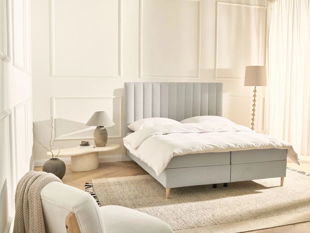 Divano letto matrimoniale con contenitore sollevabile imbottito con testiera 160 x 200 cm bianco sporco