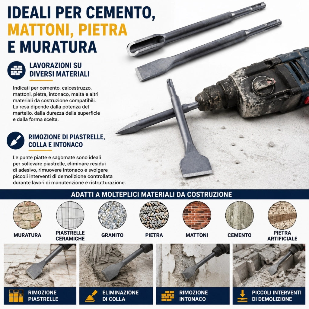 Set 4 Scalpelli SDS-Plus per Cemento Muratura e Piastrelle VHT02652