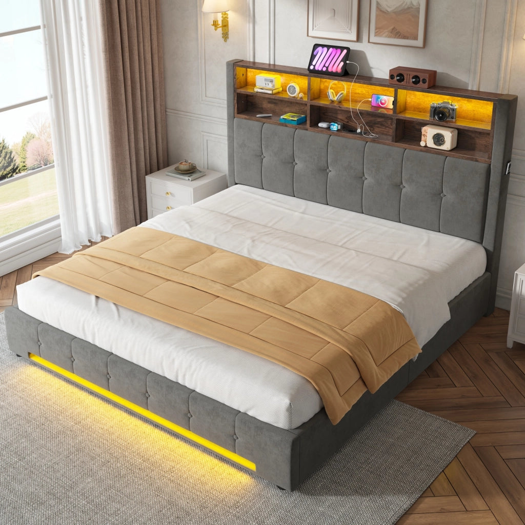 Letto imbottito 180x200 cm idraulico LED USB velluto grigio scuro
