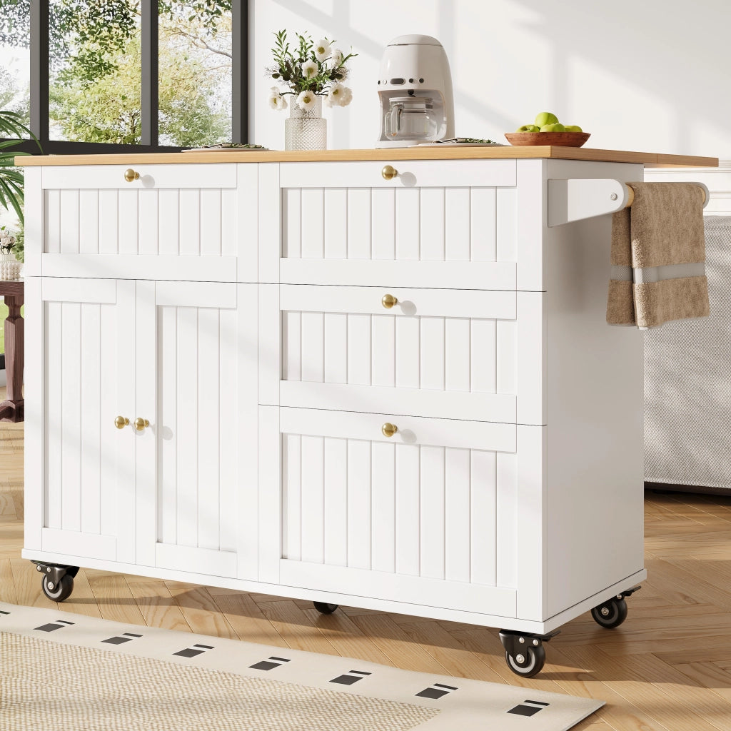 Carrello da Cucina con Contenitore e Piano Ribaltabile con Ruote e Piedini Regolabili in MDF Bianco