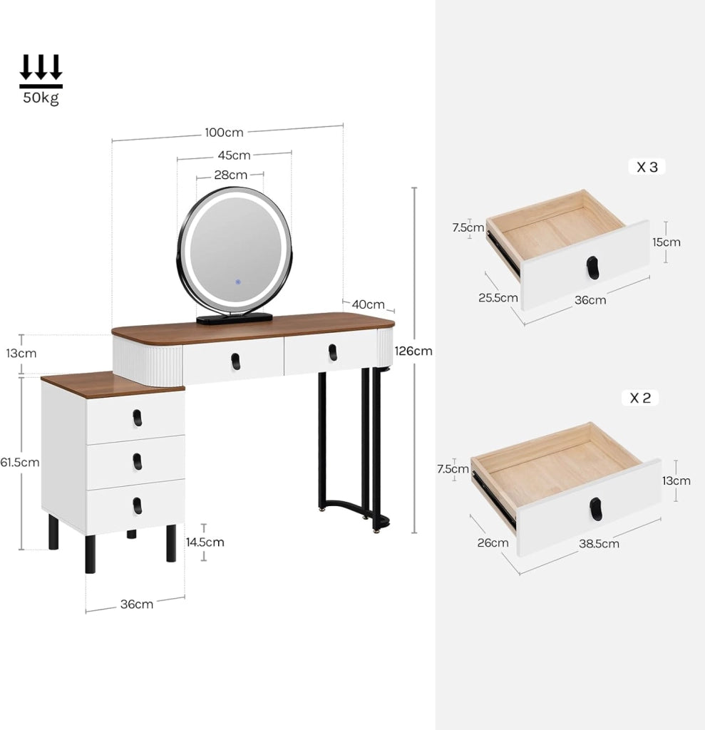 Toeletta da Trucco con Sgabello, con Luci Dimmerabili e Specchio Rimovibile, Consolle da Trucco, Cassettiera Spostabile, Effetto Legno Noce Aranciato