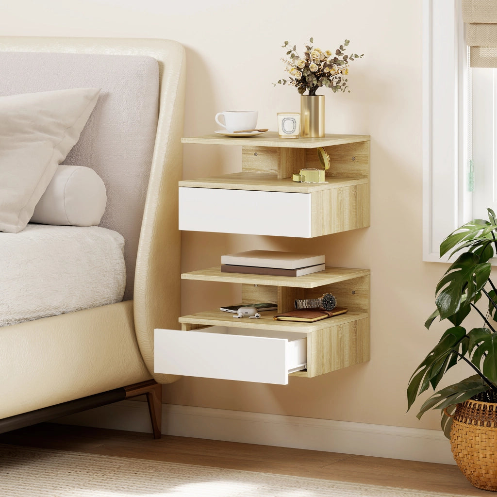 Comodino sospeso bianco e rovere ¨C Xylo ¨C Set 2 pezzi con cassetto 35x32x22,5cm