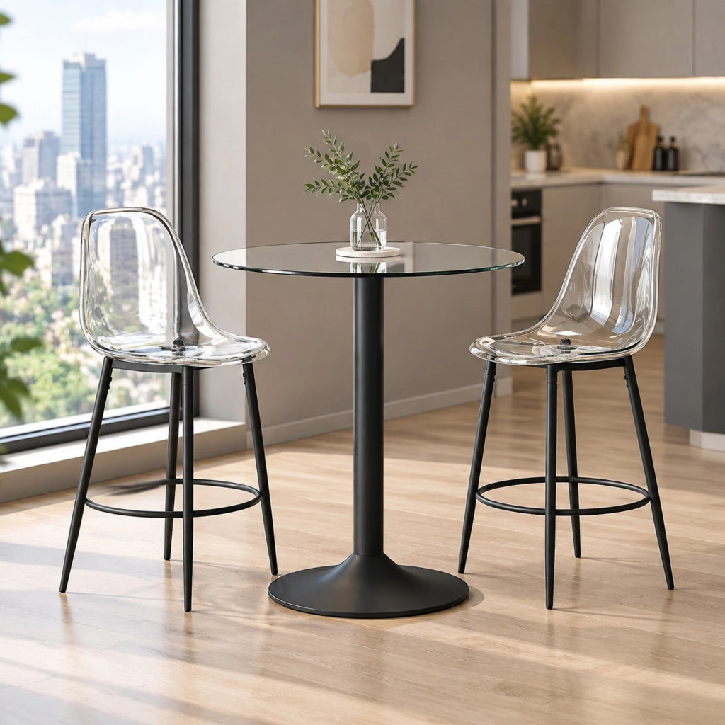 Set bar Ø89 cm nero, vetro e metallo - con 2 sgabelli trasparenti