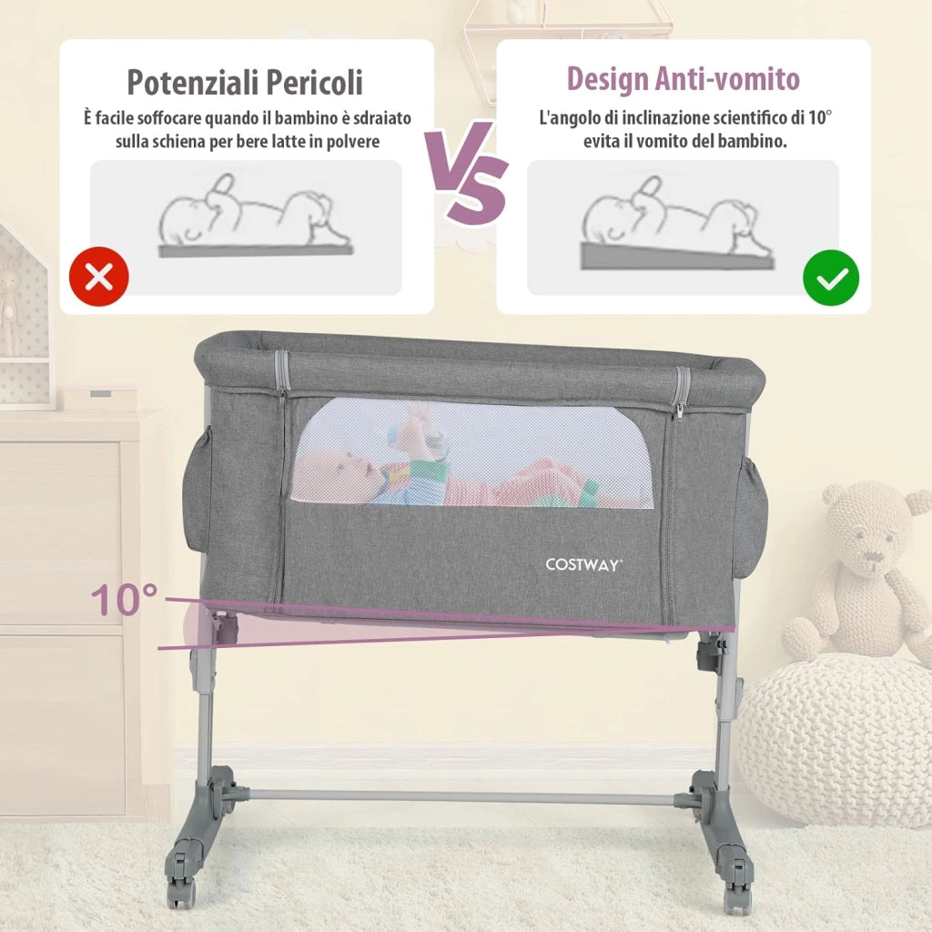 Culla Neonato Fianco Letto 3 in 1, Lettino Dondolo Neonati con Materasso, Culla da Campeggio con Ruote e Borsa, Regolabile In Altezza, Inclinazione di 10°, per Bambini 0-6 Mesi (Grigio)