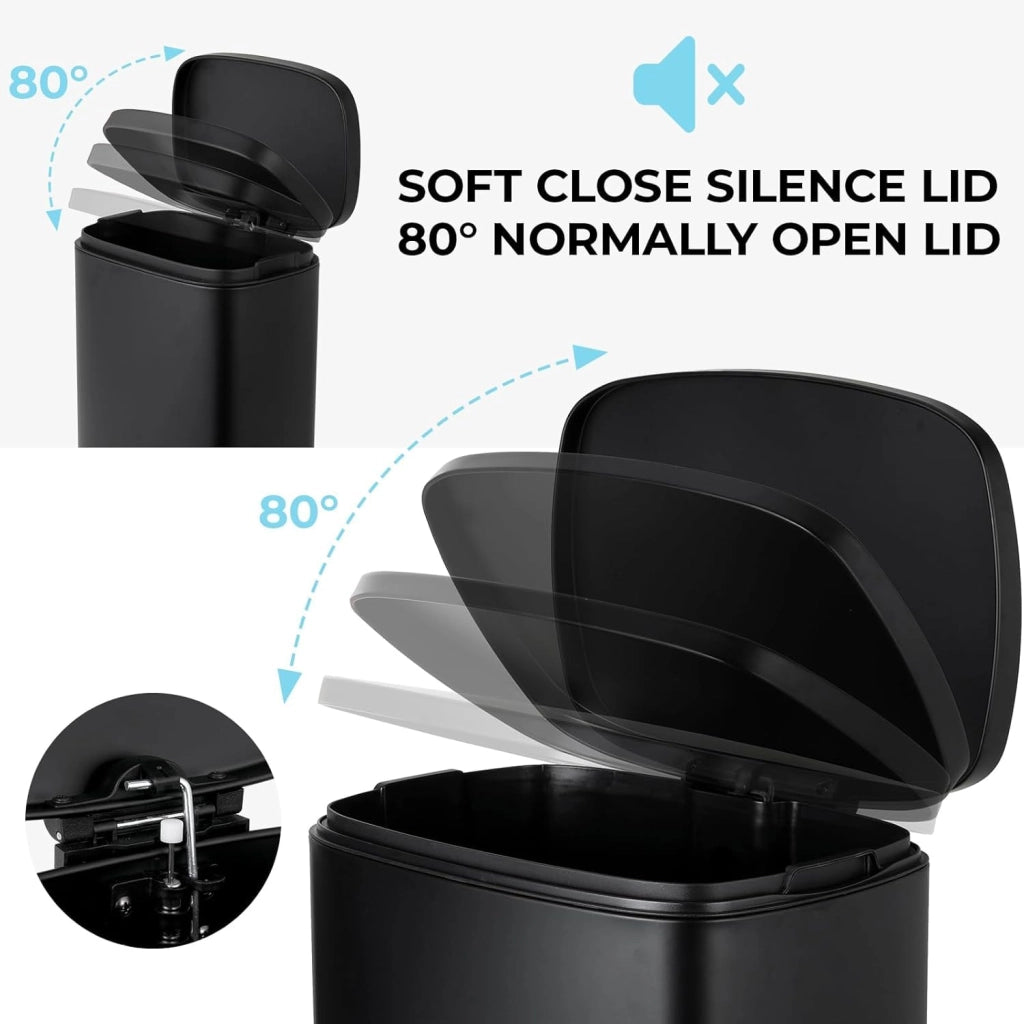 Set Pattumiera Cucina 50l + 5l, Set di Cestino a Pedale in Acciaio, con Chiusura Silenziosa, Secchio Interno, isolare gli odori, Grande Pattumiera, per Ufficio, Casa, Camera, Nero