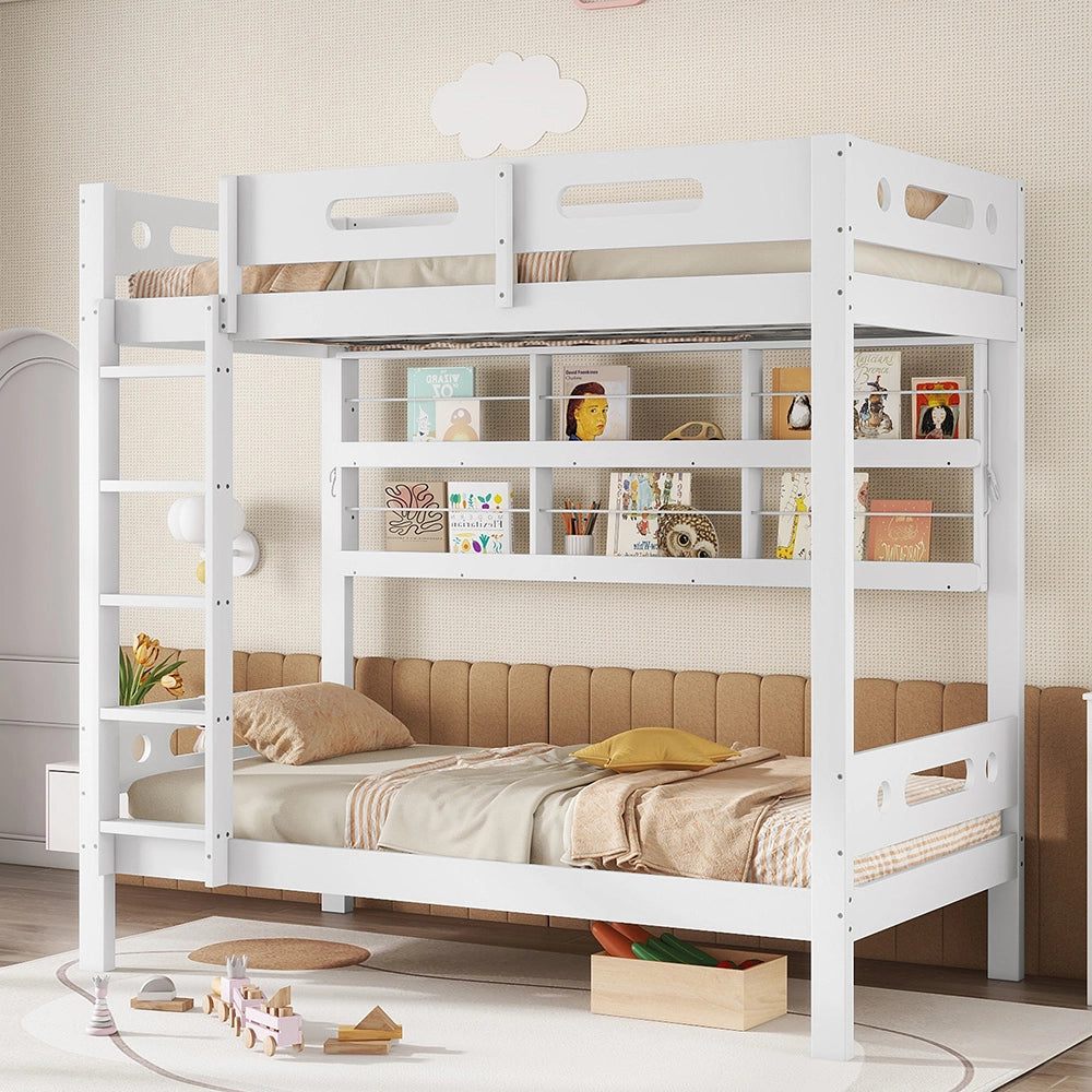 Letto a Castello Bambini – Xylo – 90x200cm, Barriera Sicurezza, Scaffale Aperto, Scala 5 Gradini, Grande Ripostiglio