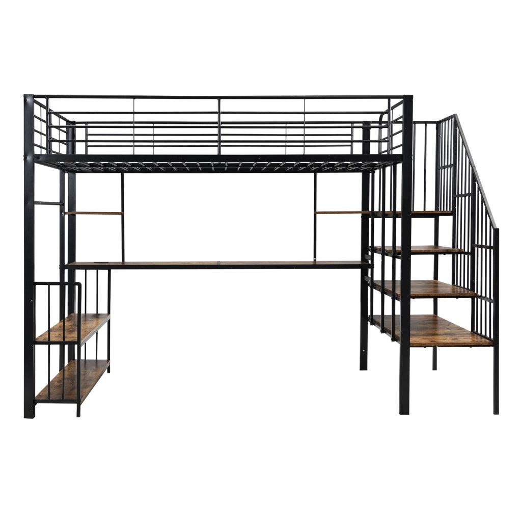 Letto a soppalco 120x200 cm con scala laterale; porta di ricarica e appendiabiti in metallo e MDF nero e noce scuro