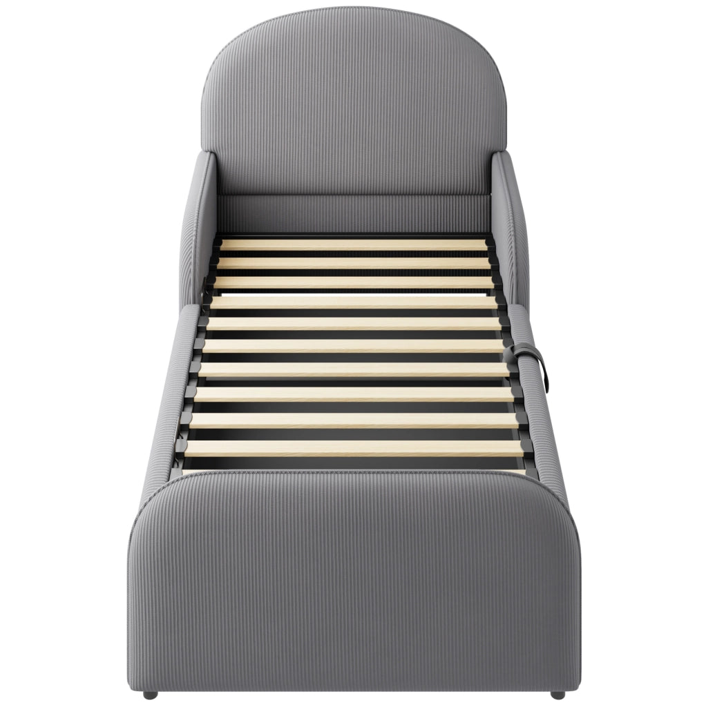 Letto imbottito 90x200 cm con contenitore idraulico; testiera alta in velluto grigio