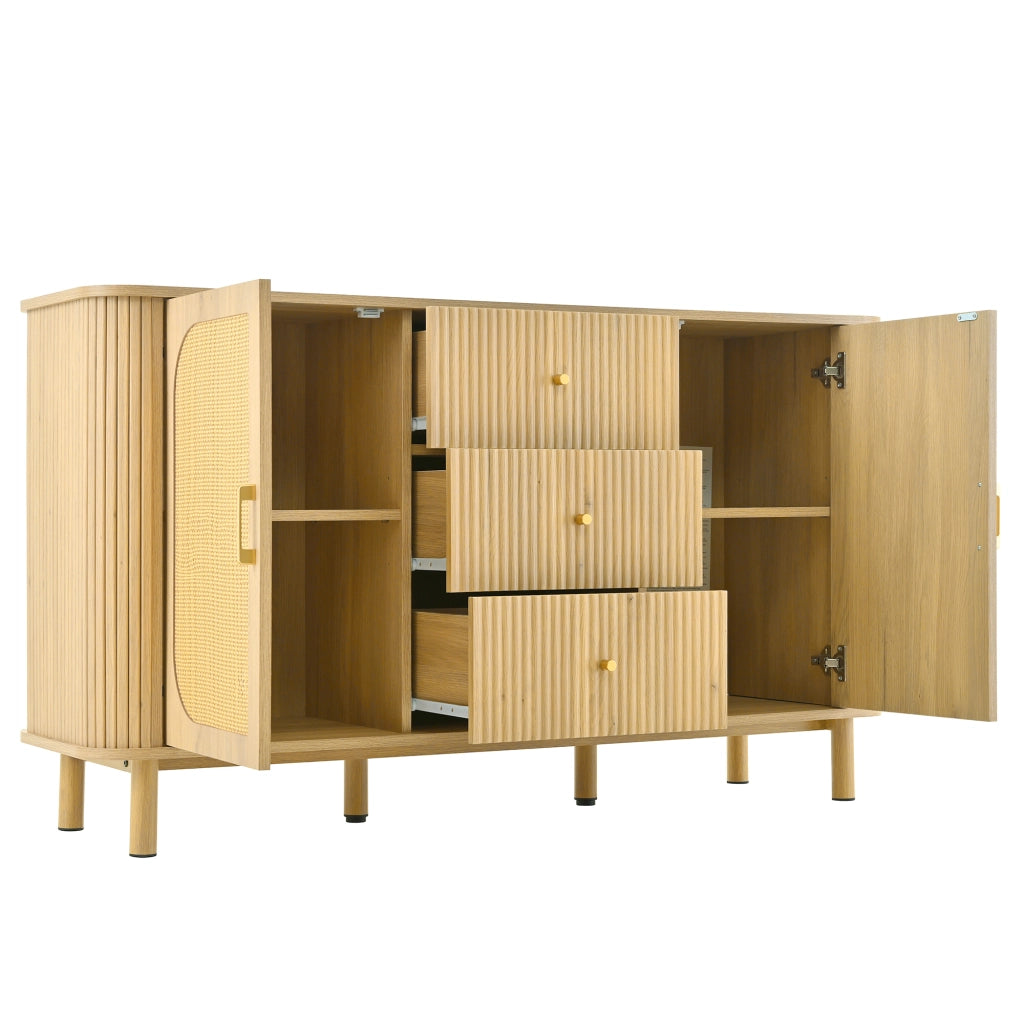 Credenza con 2 Ante in Rattan; 3 Cassetti e 2 Ripiani; Gambe in Metallo Effetto Legno; in MDF; 140??40??80 cm; Naturale