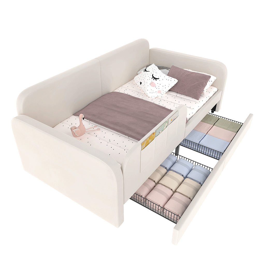 Letto bambino-Xylo-90x200 cm-3 sacchetti, 2 cassetti, velluto, MDF, bianco