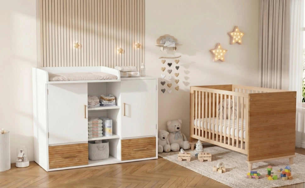 Set fasciatoio e lettino a sbarre per cameretta, in legno naturale e bianco