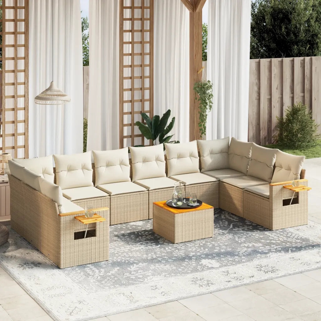 Set Divani da Giardino 11 pz con Cuscini Beige in Polyrattan