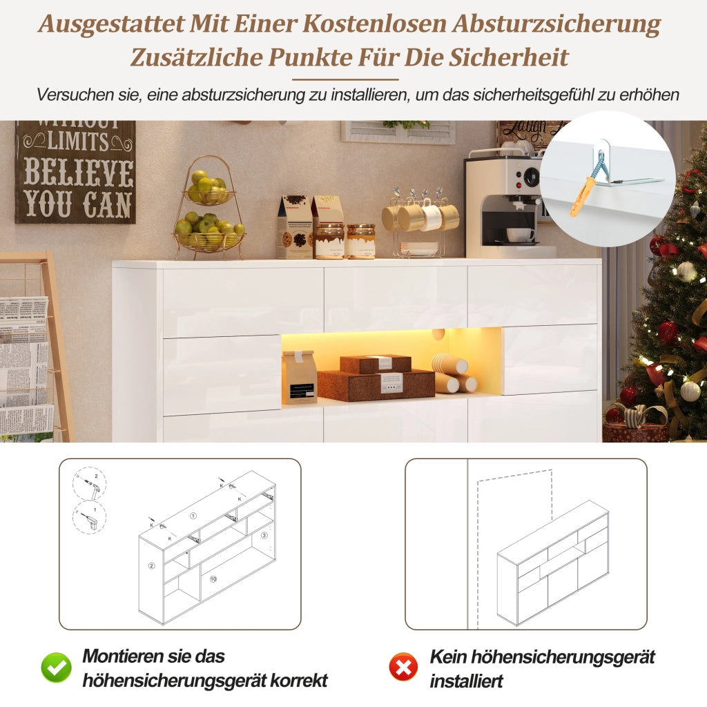 CREDENZA 140 x 30 x 82 cm bianco lucido in MDF con LED, 3 cassetti e 5 ante