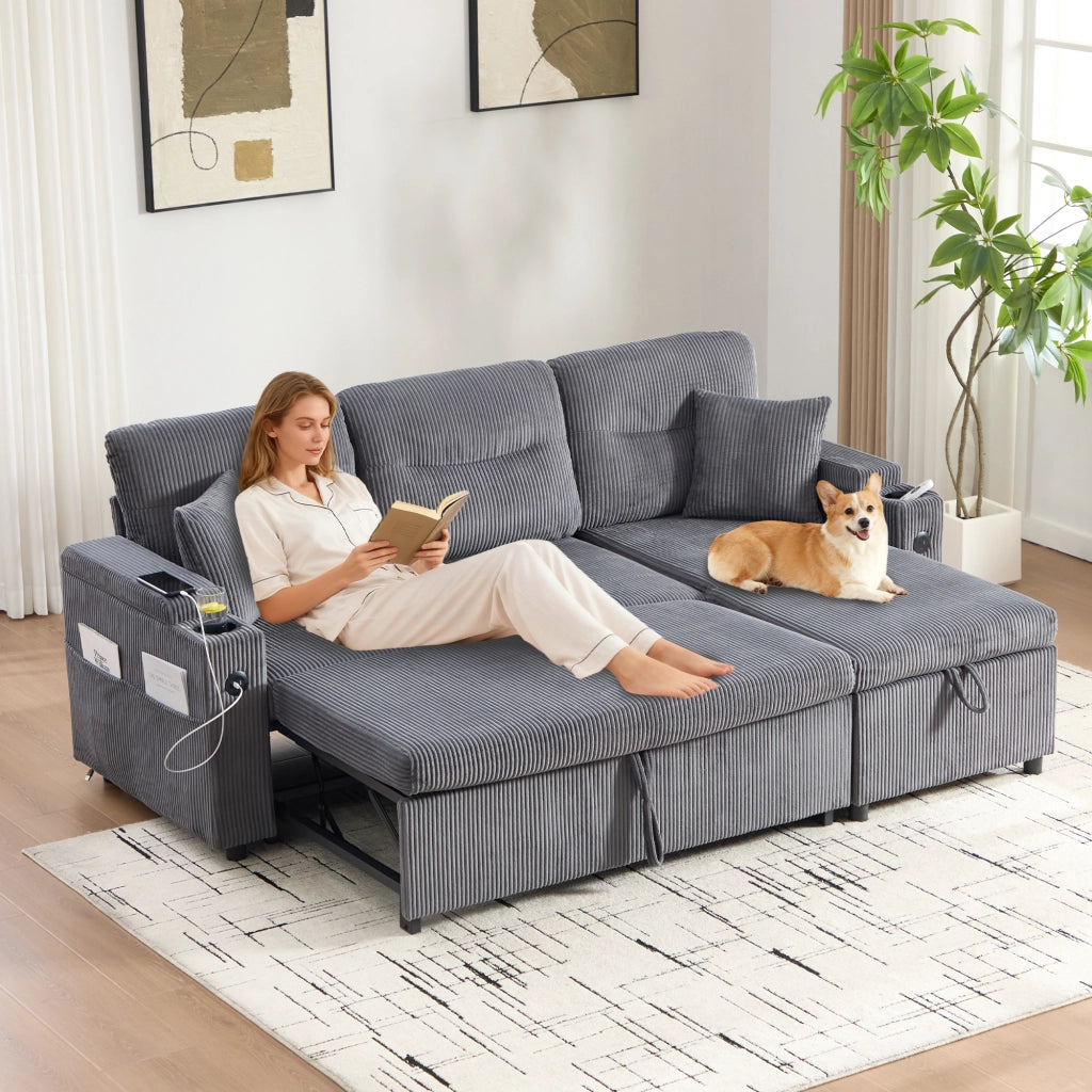 Divano 3 posti con vano nel bracciolo; portabicchieri e USB-C; chaise longue idraulica e letto estraibile; 212.5 Ã— 136 Ã— 86 cm