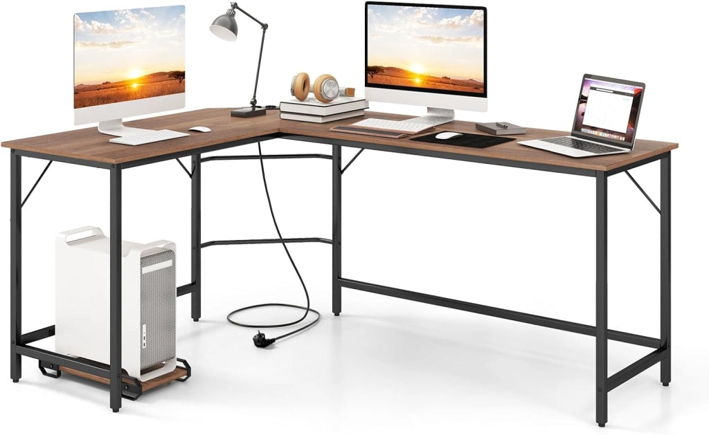 Scrivania Angolare Salvaspazio, Scrivania ad Angolo a Forma di L con Presa di Corrente, Supporto CPU e Telaio in Metallo Resistente, Scrivania per Computer da Casa e Ufficio (Nero)
