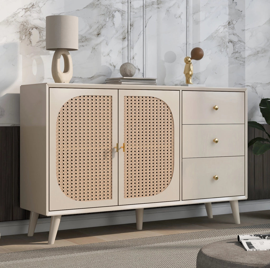Credenza 120x40x82.5 cm con 2 ante e 3 cassetti; apertura a pressione; bianco crema
